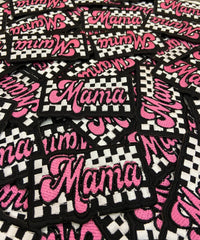 Retro Pink "Mama" Checkered Embroidered Patch – Trendy Trucker Hat Applique