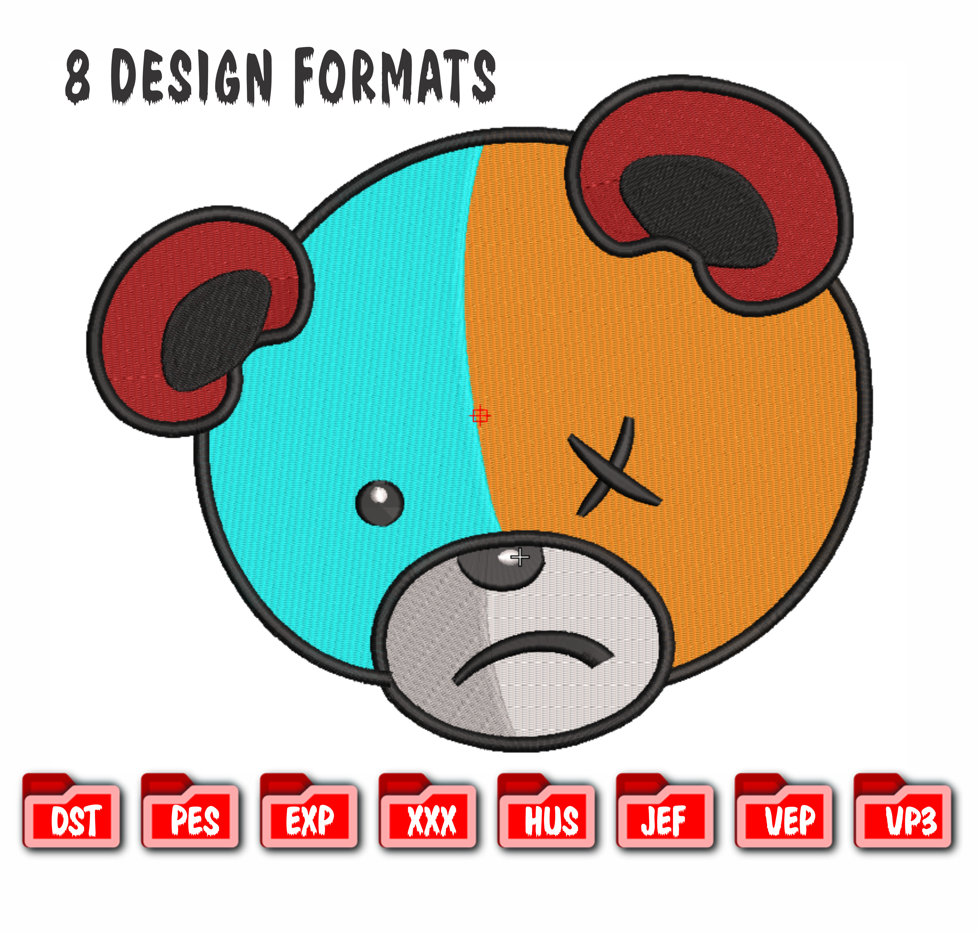 Edgy Sad Bear Machine Embroidery Design, 8 Sizes & 8 Formats