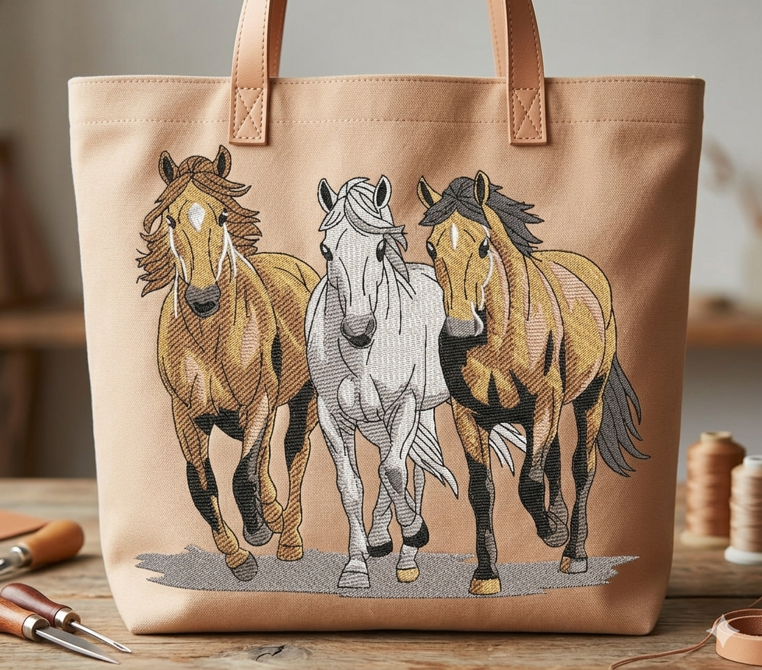 Three Horses Running Design | Wild Horse Machine Embroidery | Galloping Stallions File | Nature & Animal Embroidery