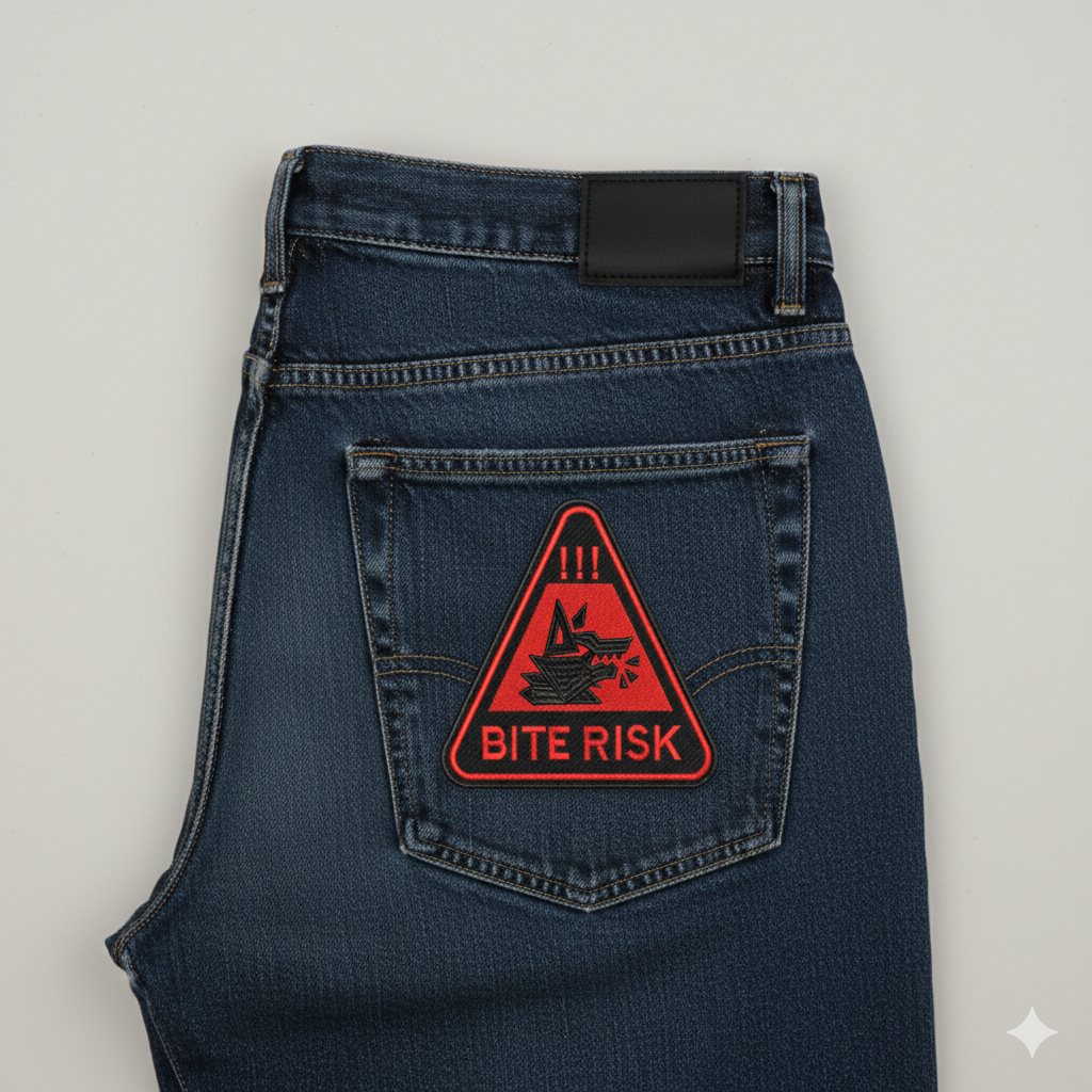 Bite Risk Wolf Warning Machine Embroidery Design – Triangle Patch Motif in 8 Sizes and Multiple Formats