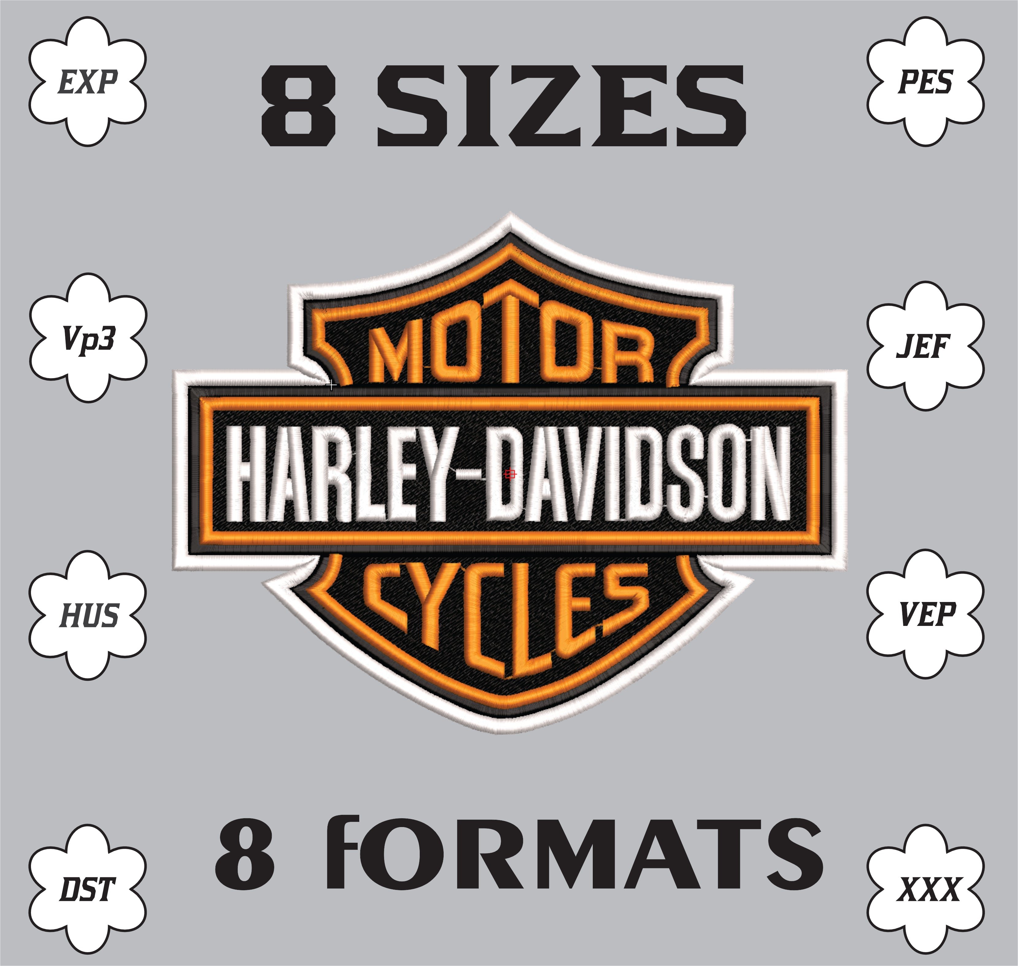 Harley Davidson Bar and Shield Logo Machine Embroidery Design, Classic American Motorcycle Embroidery File, 8 Sizes, 8 Formats