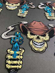 Outlaw Cowboy Skull Back Patch | Double Revolvers & Smoking Barrels | 12-Inch Custom Biker Vest Set