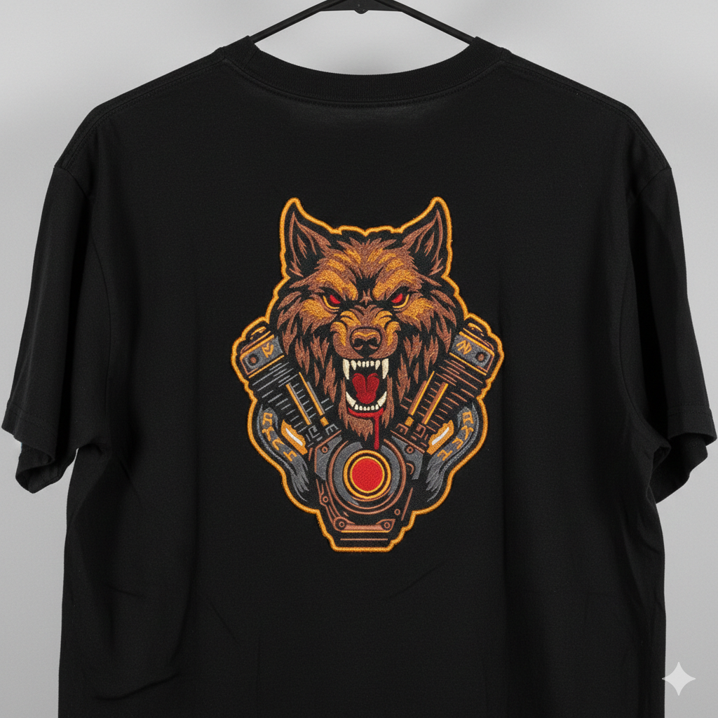 Howling Wolf Engine Embroidery Design – Biker Vest File (8 Sizes, 8 Formats) (Digital Download)