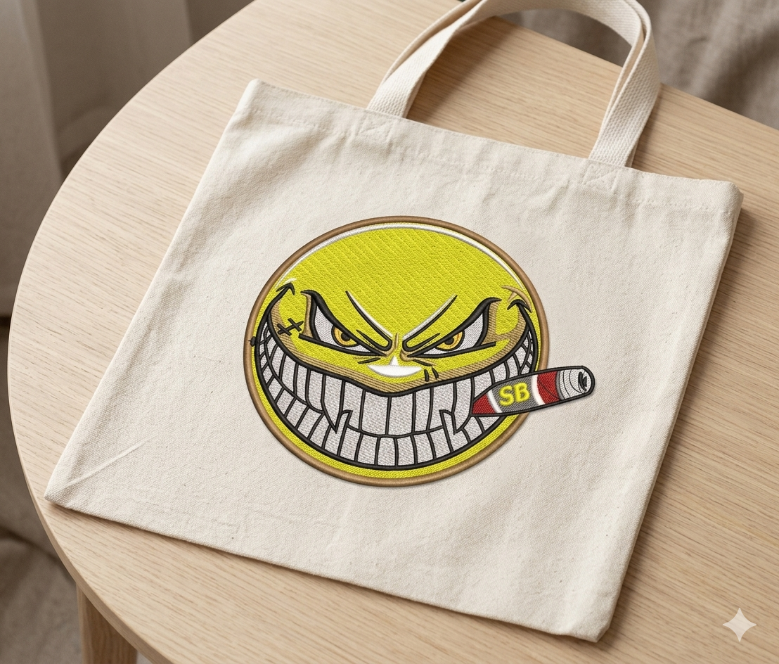 Badass Smiley Face With Cigar Machine Embroidery Design - Angry Smoking Emoji - 8 Sizes & Multiple Formats