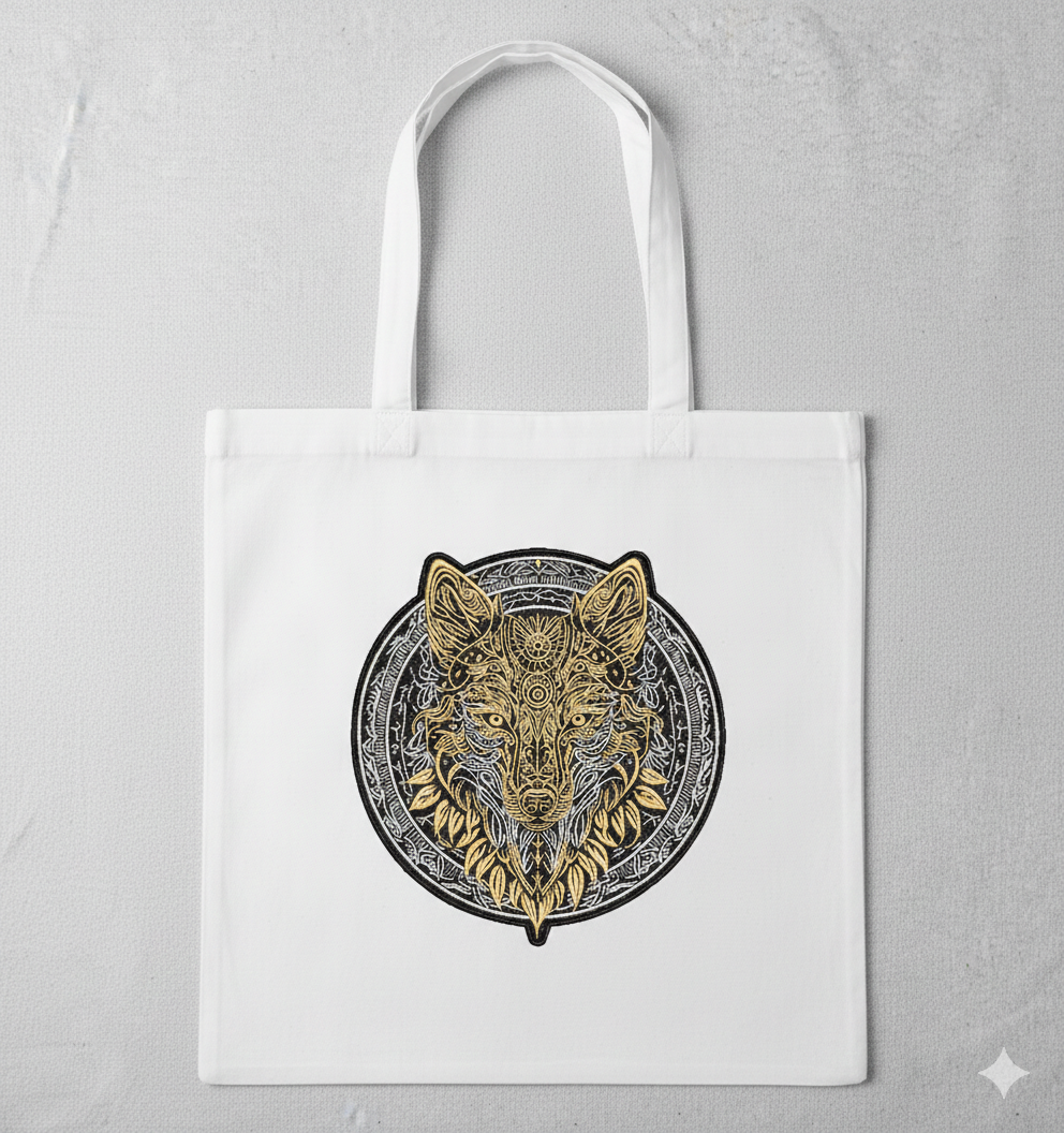 Large Wolf Embroidery Design – Gold & Black Biker Applique (Digital Download)