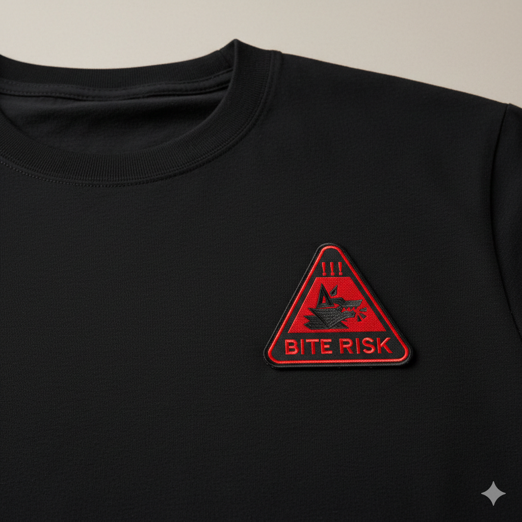 Bite Risk Wolf Warning Machine Embroidery Design – Triangle Patch Motif in 8 Sizes and Multiple Formats