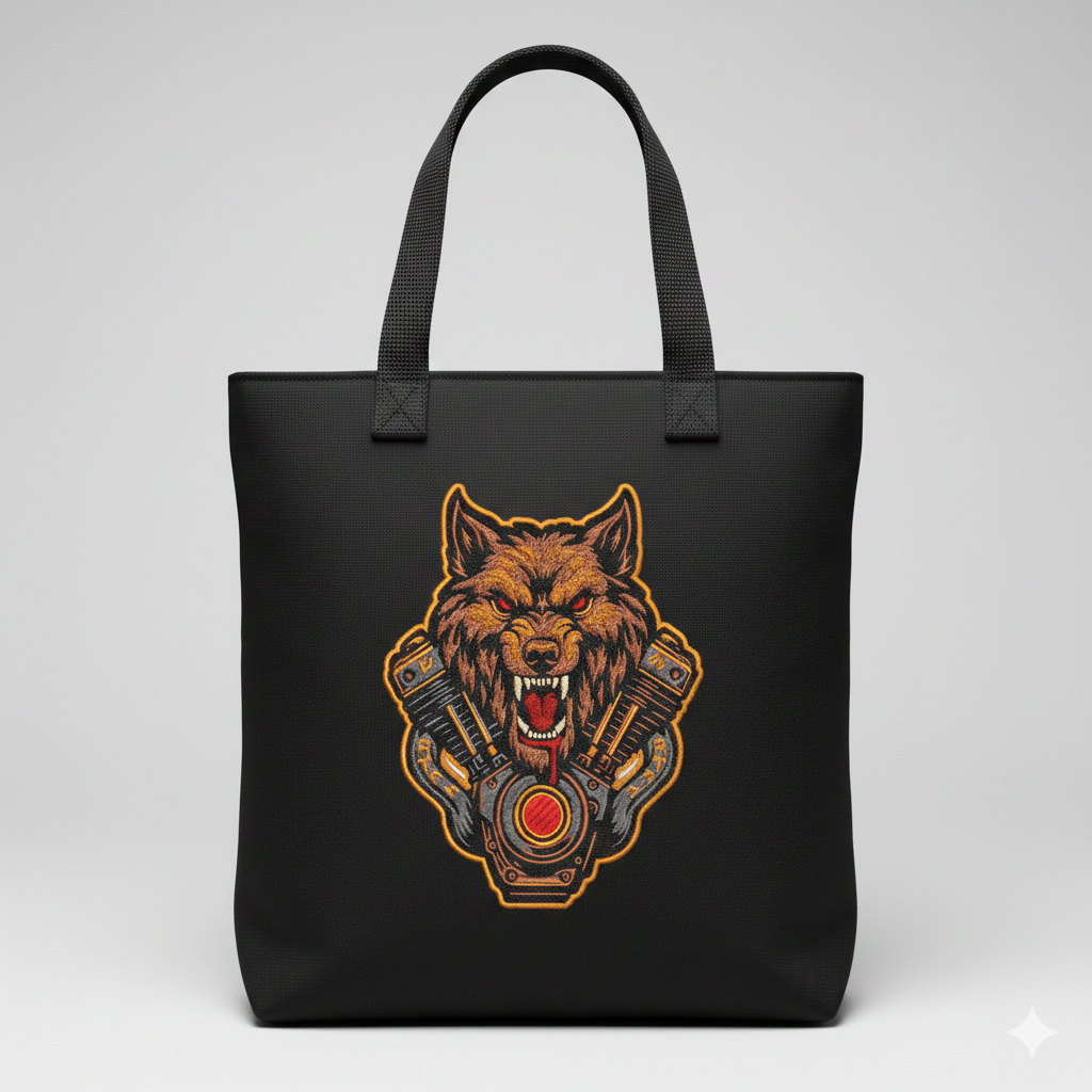 Howling Wolf Engine Embroidery Design – Biker Vest File (8 Sizes, 8 Formats) (Digital Download)