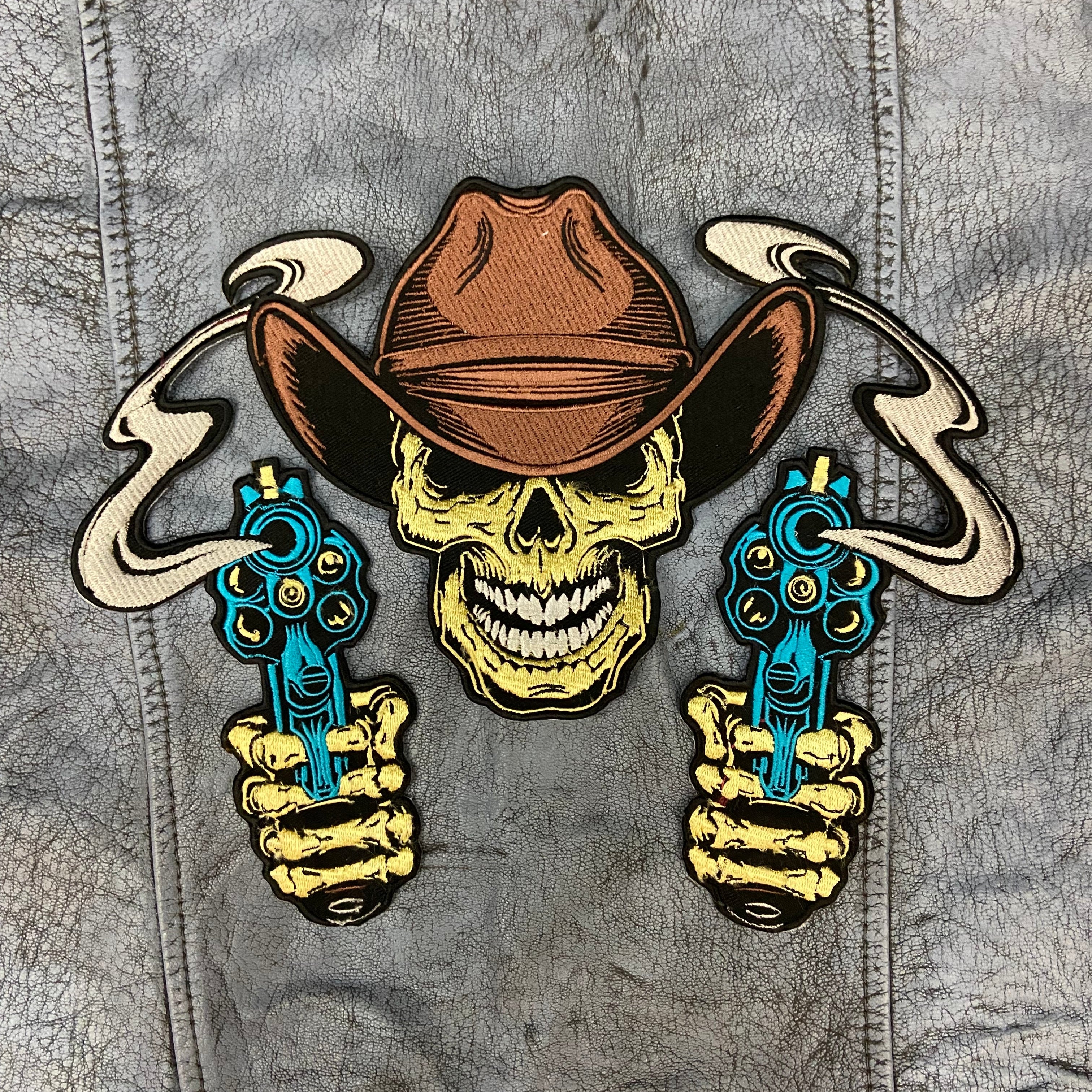 Outlaw Cowboy Skull Back Patch | Double Revolvers & Smoking Barrels | 12-Inch Custom Biker Vest Set