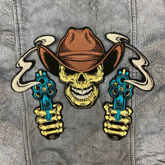 Outlaw Cowboy Skull Back Patch | Double Revolvers & Smoking Barrels | 12-Inch Custom Biker Vest Set