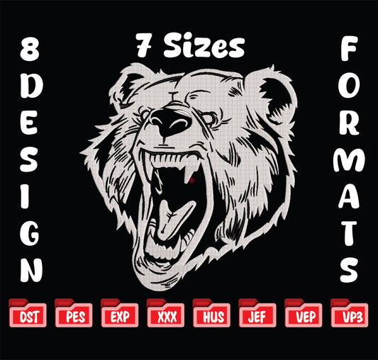 Angry Grizzly Bear Embroidery Design - Roaring Wild Animal Digital File