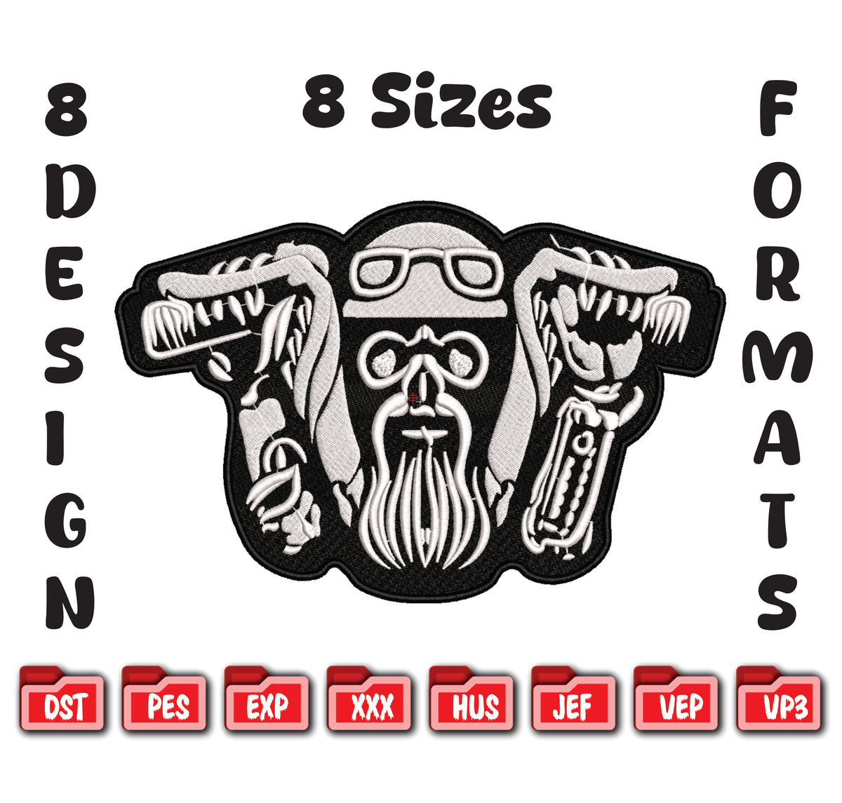 Biker Skeleton Embroidery Design, Motorcycle Rider Art, 8 Formats 8 Sizes