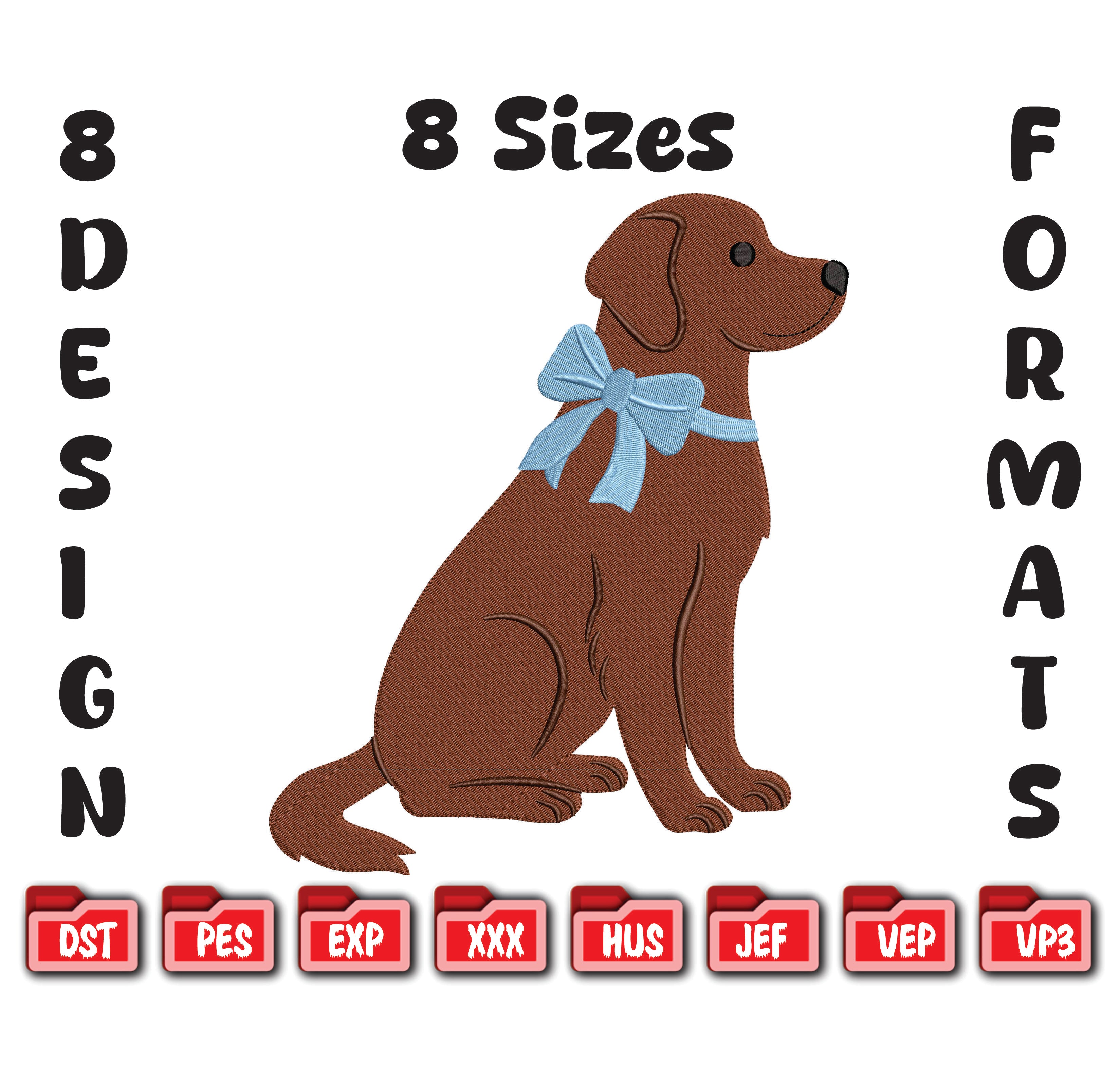 Chocolate Labrador Embroidery Design – Dog with Blue Bow (Digital File)