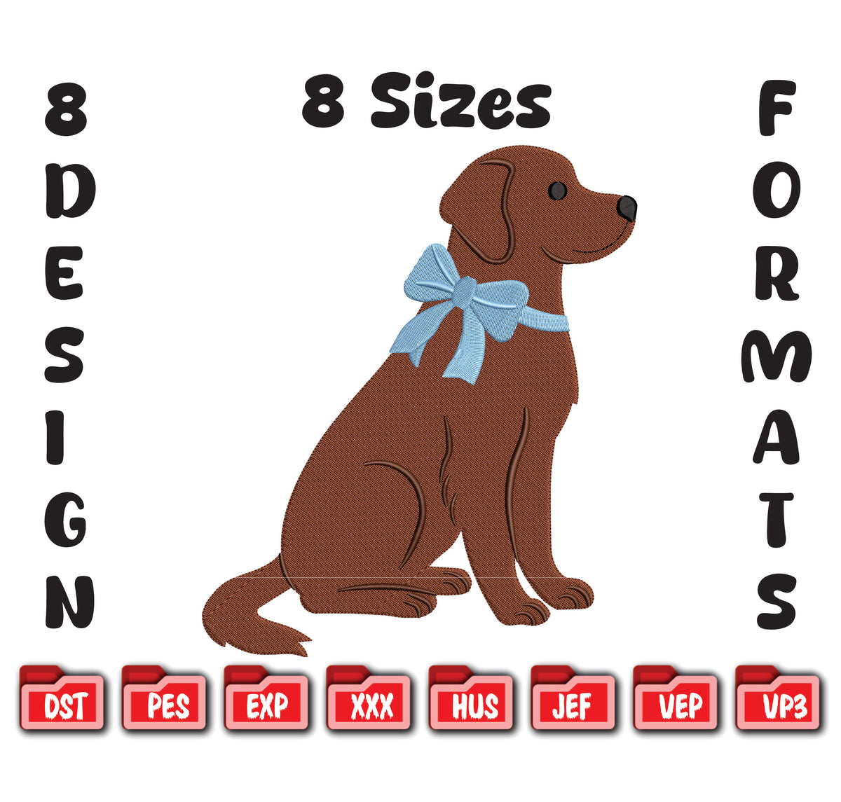 Chocolate Labrador Embroidery Design – Dog with Blue Bow (Digital File)