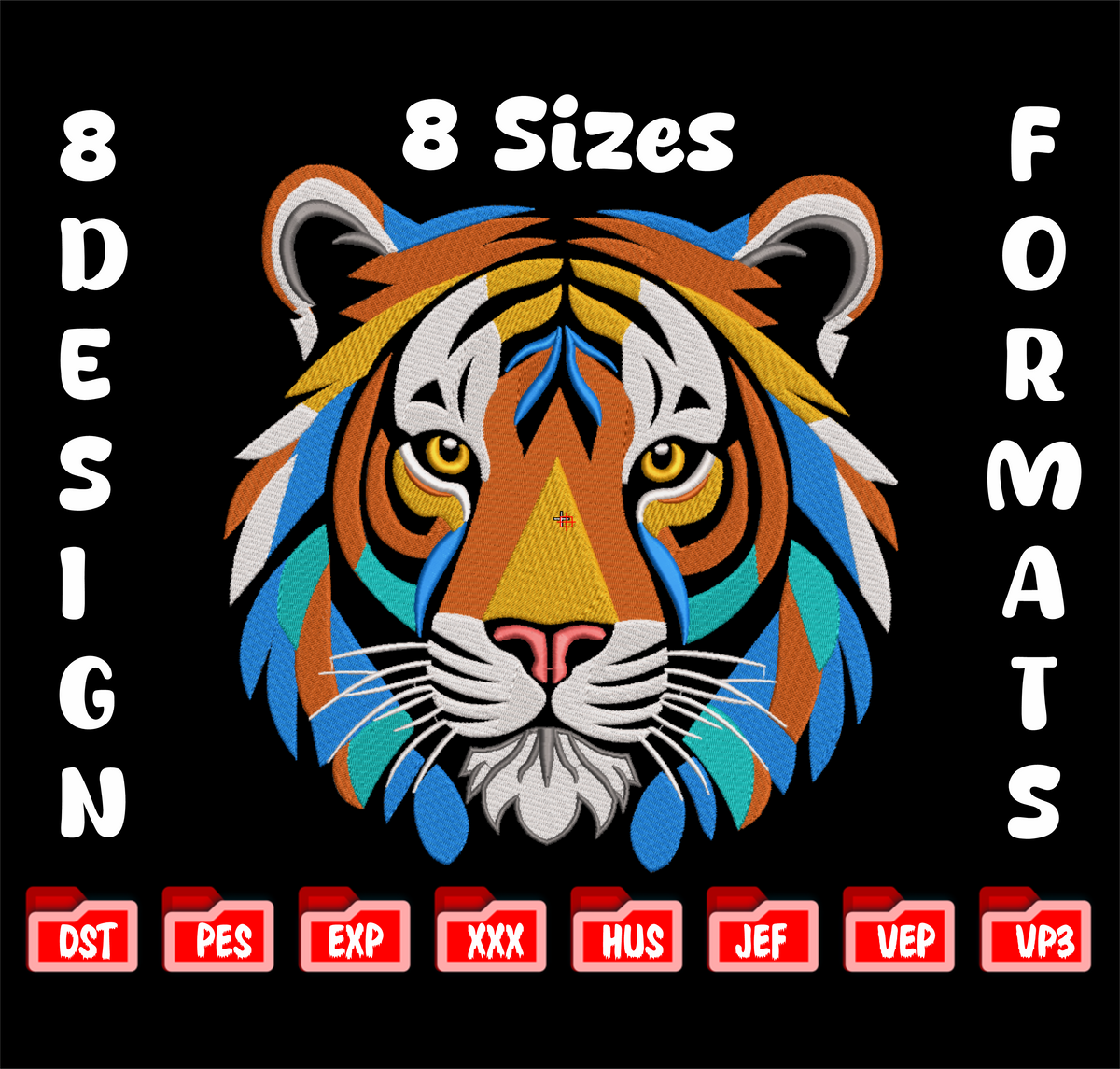 Tiger Embroidery Design, 8 Sizes & 8 Formats, Animal Machine Embroidery Pattern