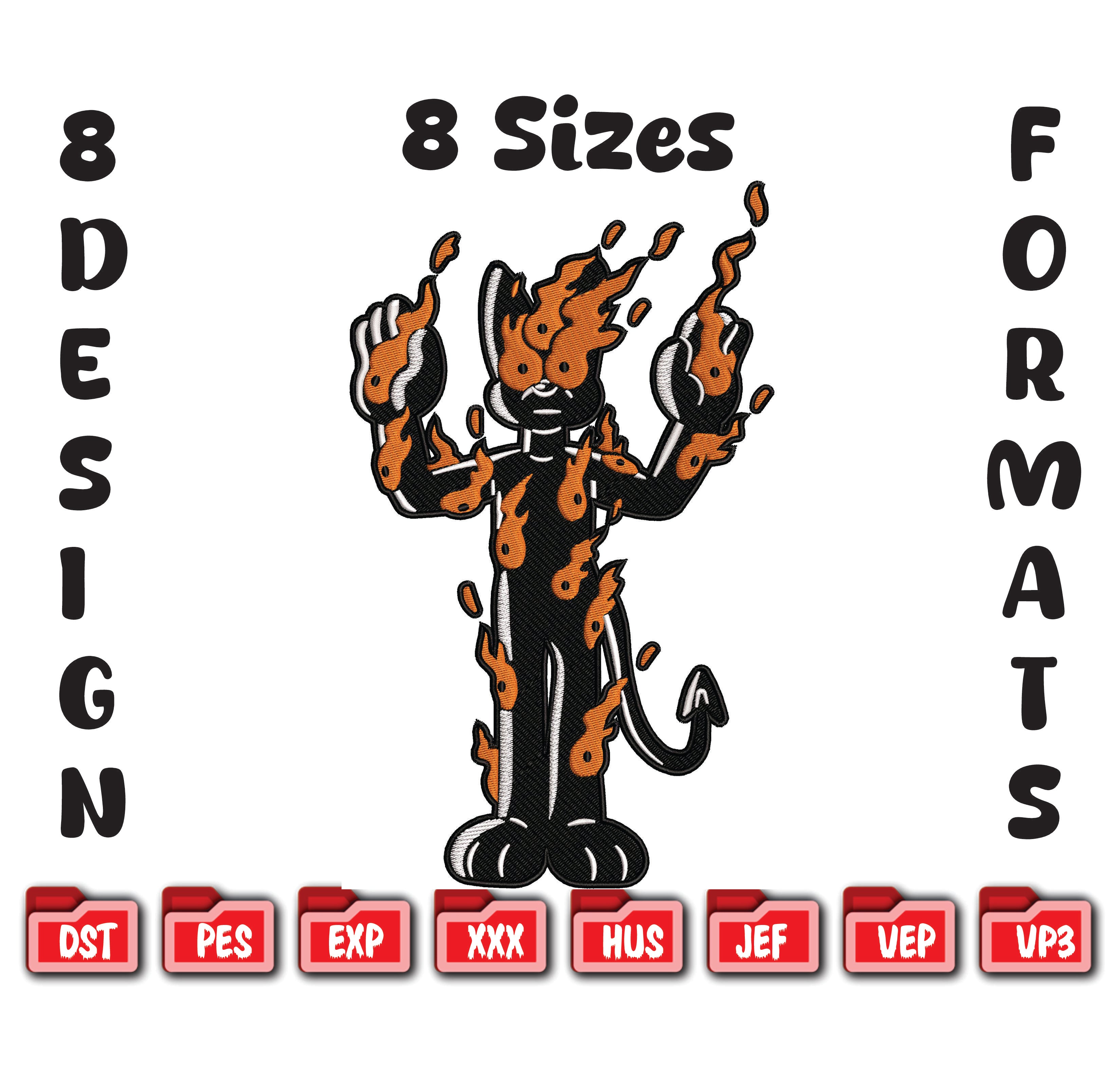 Retro Flaming Cat Embroidery Design, Cartoon Fire Cat (Digital File)