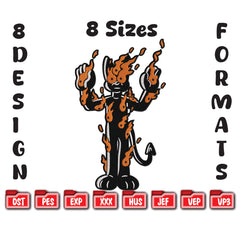 Retro Flaming Cat Embroidery Design, Cartoon Fire Cat (Digital File)