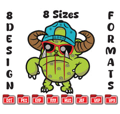 Horns Monster Embroidery Design, Cool Green Beast with Cap, 8 Formats 8 Sizes
