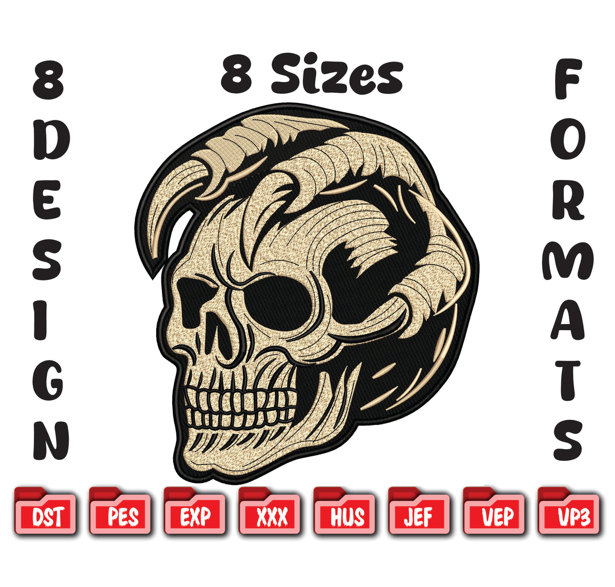 Horned Demon Skull Machine Embroidery Design, Gothic Biker Digital File