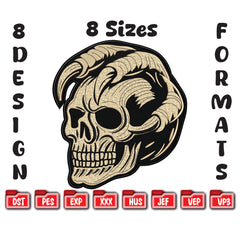 Horned Demon Skull Machine Embroidery Design, Gothic Biker Digital File