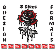 Gothic Dripping Rose Machine Embroidery Design: Floral Digital File (Instant Download)