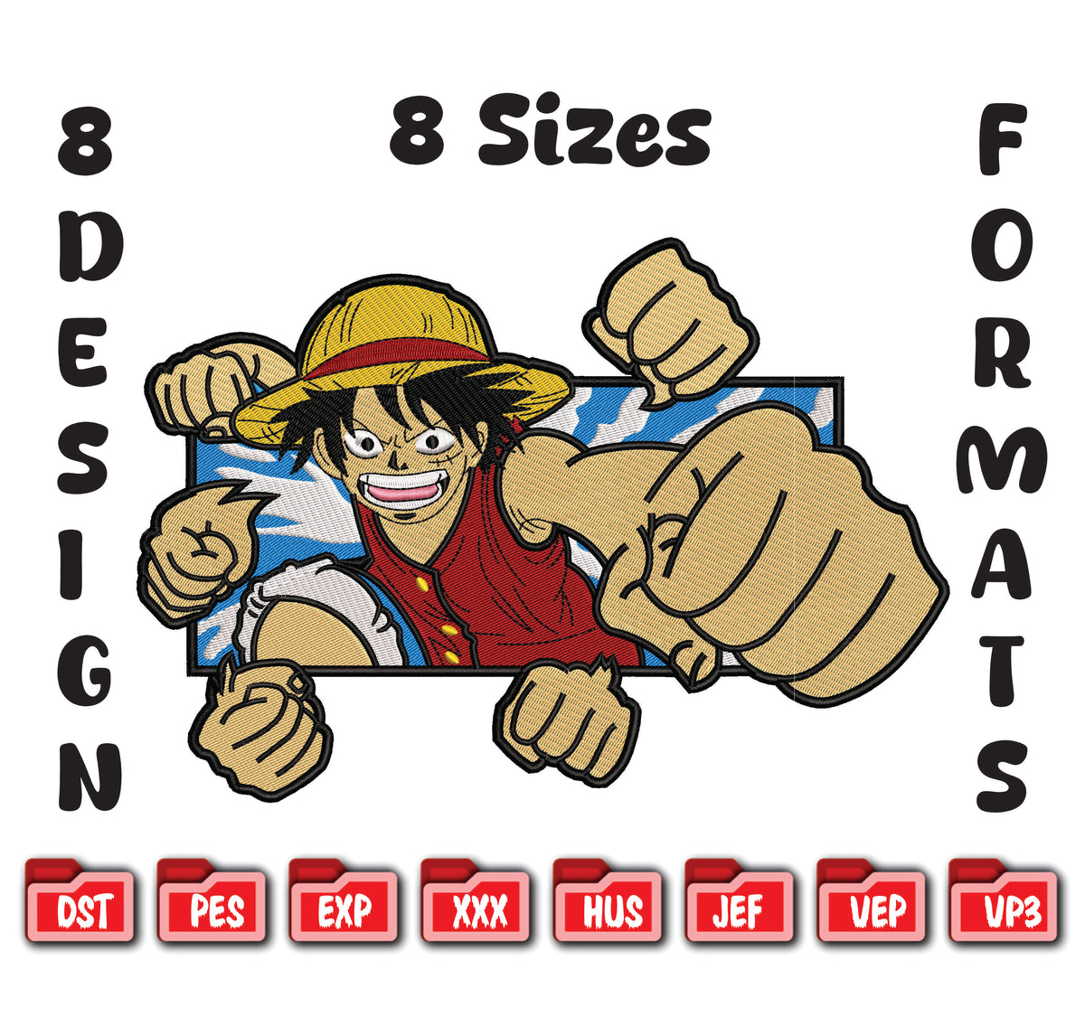 Luffy Anime Machine Embroidery Design – Straw Hat Captain (PES File) digital download