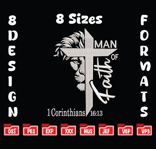 Man of Faith Lion Cross Embroidery Design, Christian Machine Embroidery File