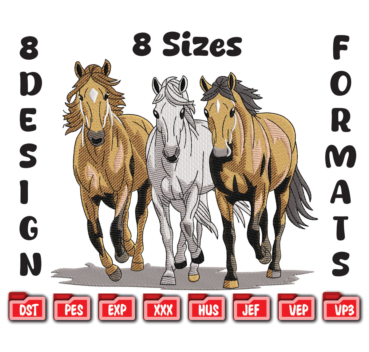 Three Horses Running Design | Wild Horse Machine Embroidery | Galloping Stallions File | Nature & Animal Embroidery