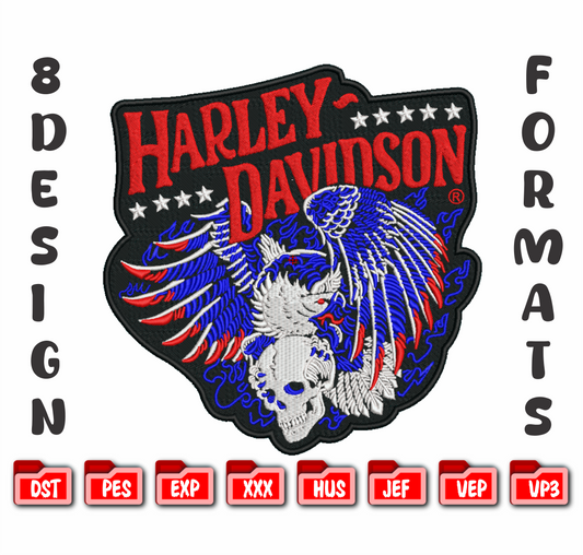 Harley Davidson Skull & Wings Machine Embroidery Design, American Biker Motorcycle Embroidery File, 8 Sizes, 8 Formats