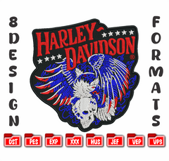 Harley Davidson Skull & Wings Machine Embroidery Design, American Biker Motorcycle Embroidery File, 8 Sizes, 8 Formats