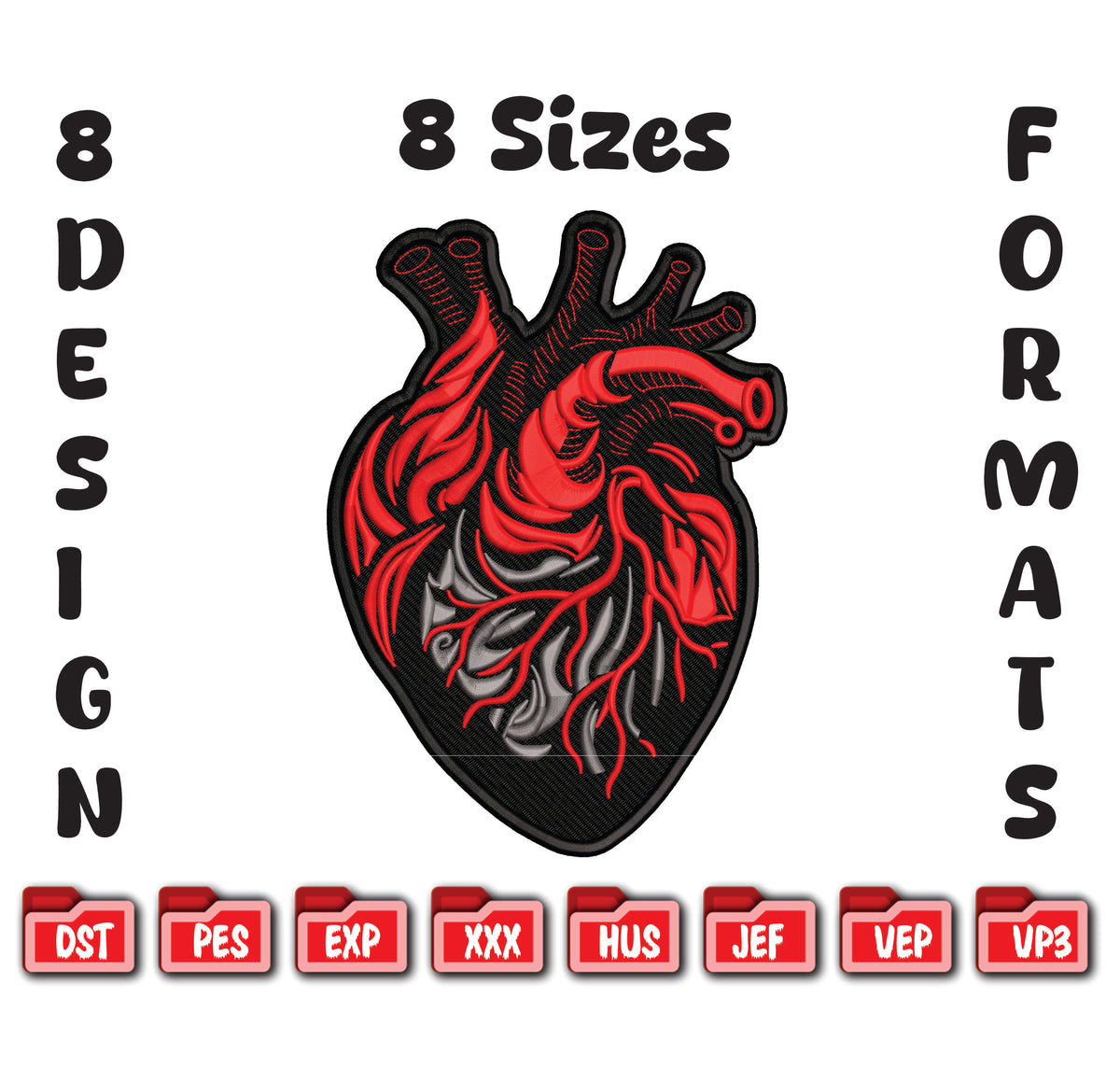 Anatomical Heart Embroidery Design, Human Heart PES, 16 Sizes BX File