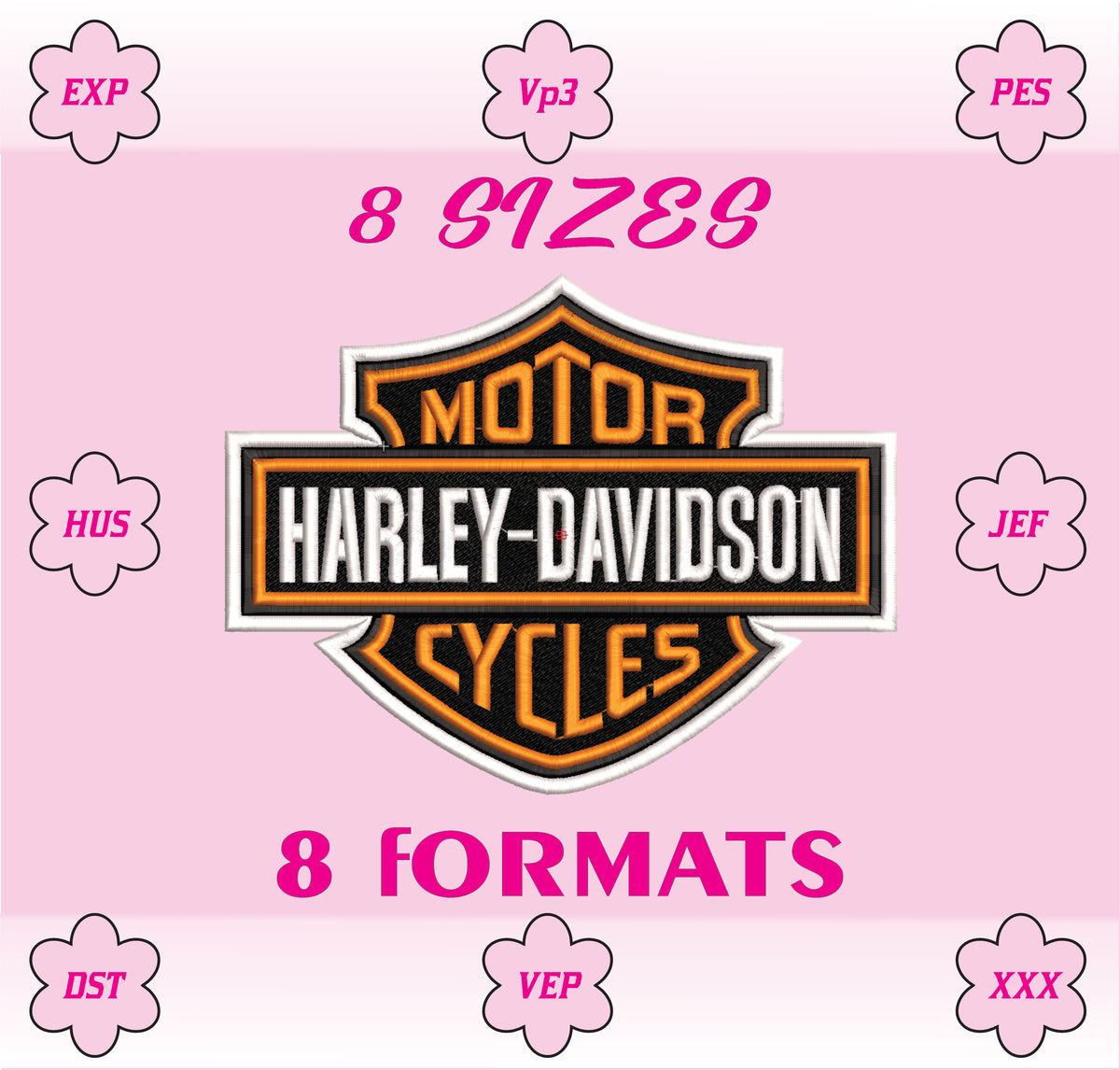 Harley Davidson Bar and Shield Logo Machine Embroidery Design, Classic American Motorcycle Embroidery File, 8 Sizes, 8 Formats