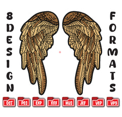 Wing Pair Back Patch Machine Embroidery Design, Detailed Angel Wings Biker Embroidery File, 6 Sizes, 8 Formats