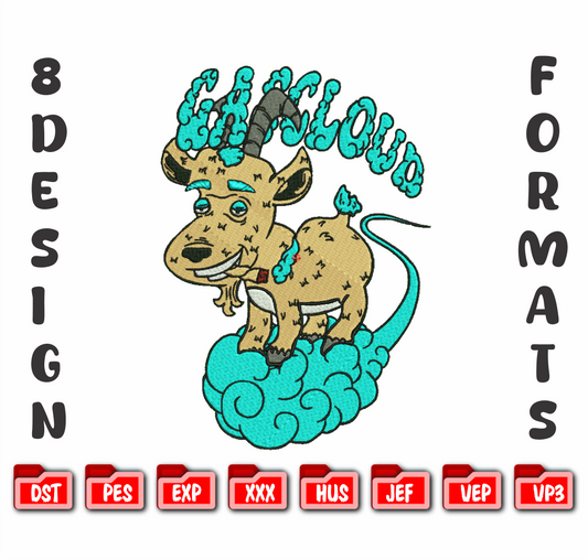 Goat on Cloud Embroidery Design, Cartoon Animal Machine File