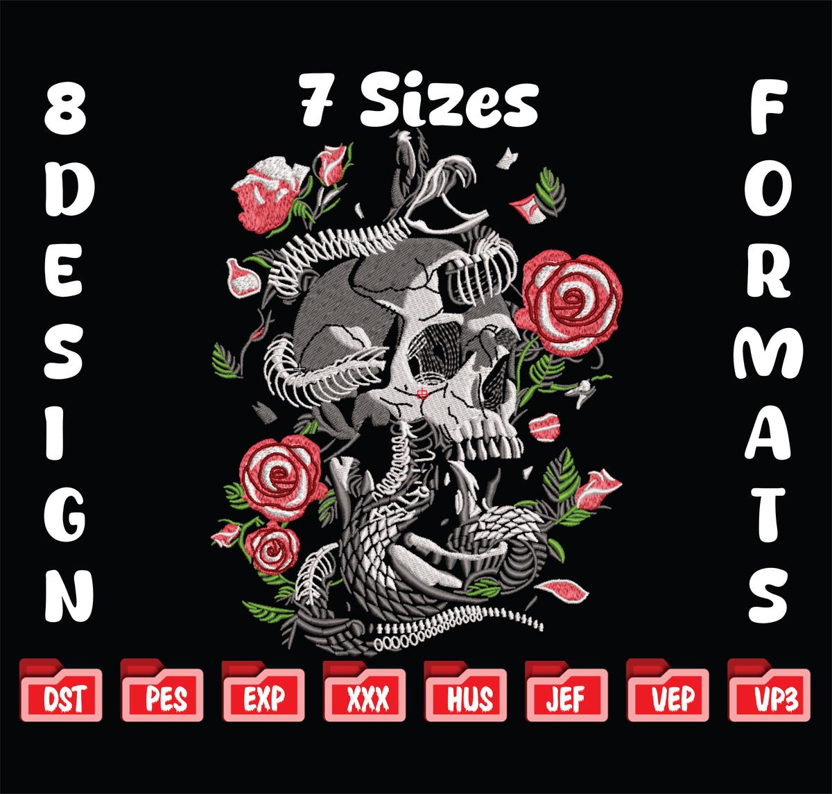 Gothic Skull and Roses Embroidery Design, Skeleton with Red Roses Machine Embroidery File, 8 Formats Digital Download