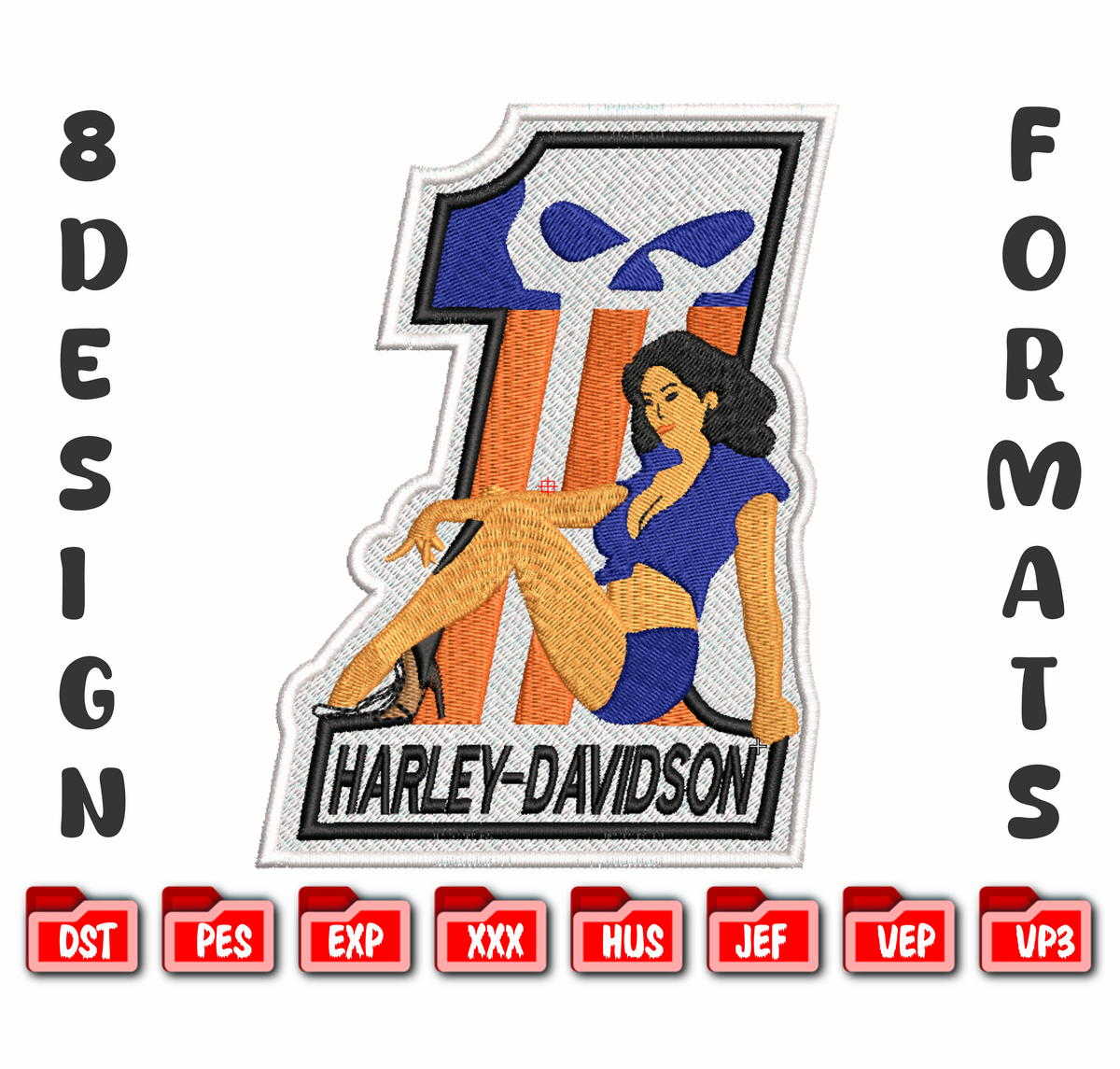 Harley Davidson Pin Up Girl Skull Machine Embroidery Design - 8 Sizes & Multiple Formats