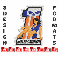 Harley Davidson Pin Up Girl Skull Machine Embroidery Design - 8 Sizes & Multiple Formats