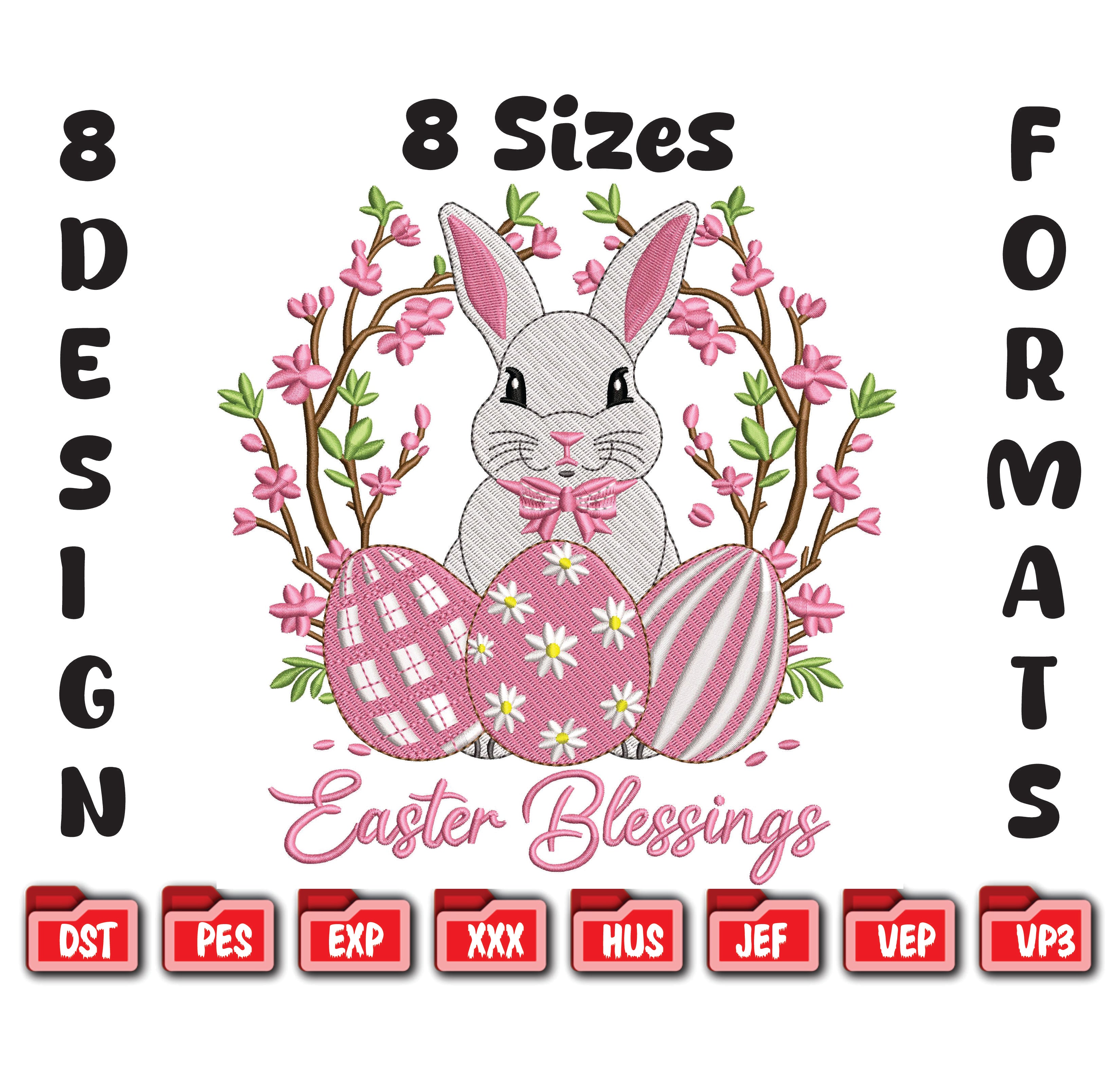Easter Bunny Floral Embroidery Design – Spring Rabbit Eggs (Instant Download)
