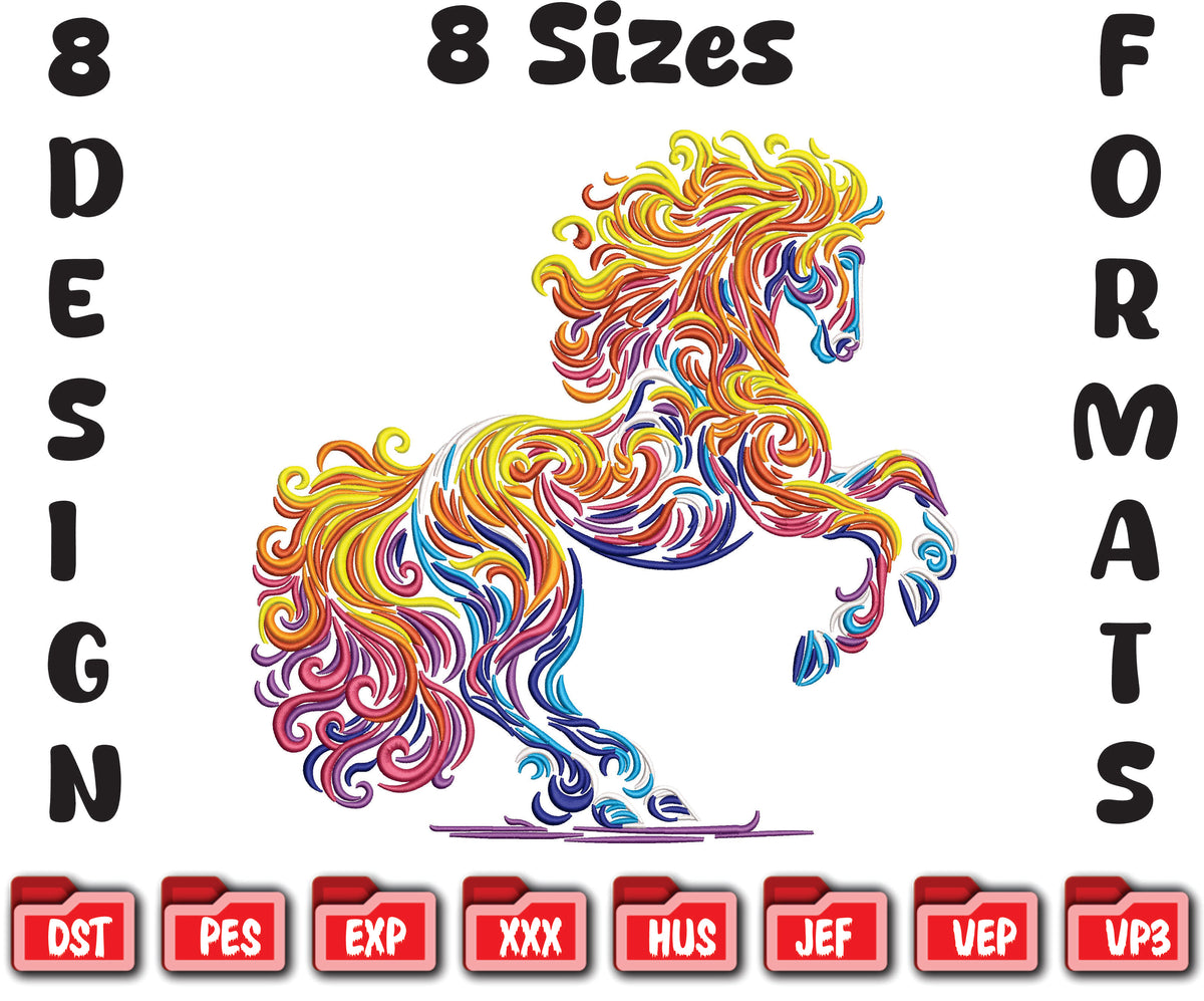 Abstract Colorful Horse Rearing Machine Embroidery Design