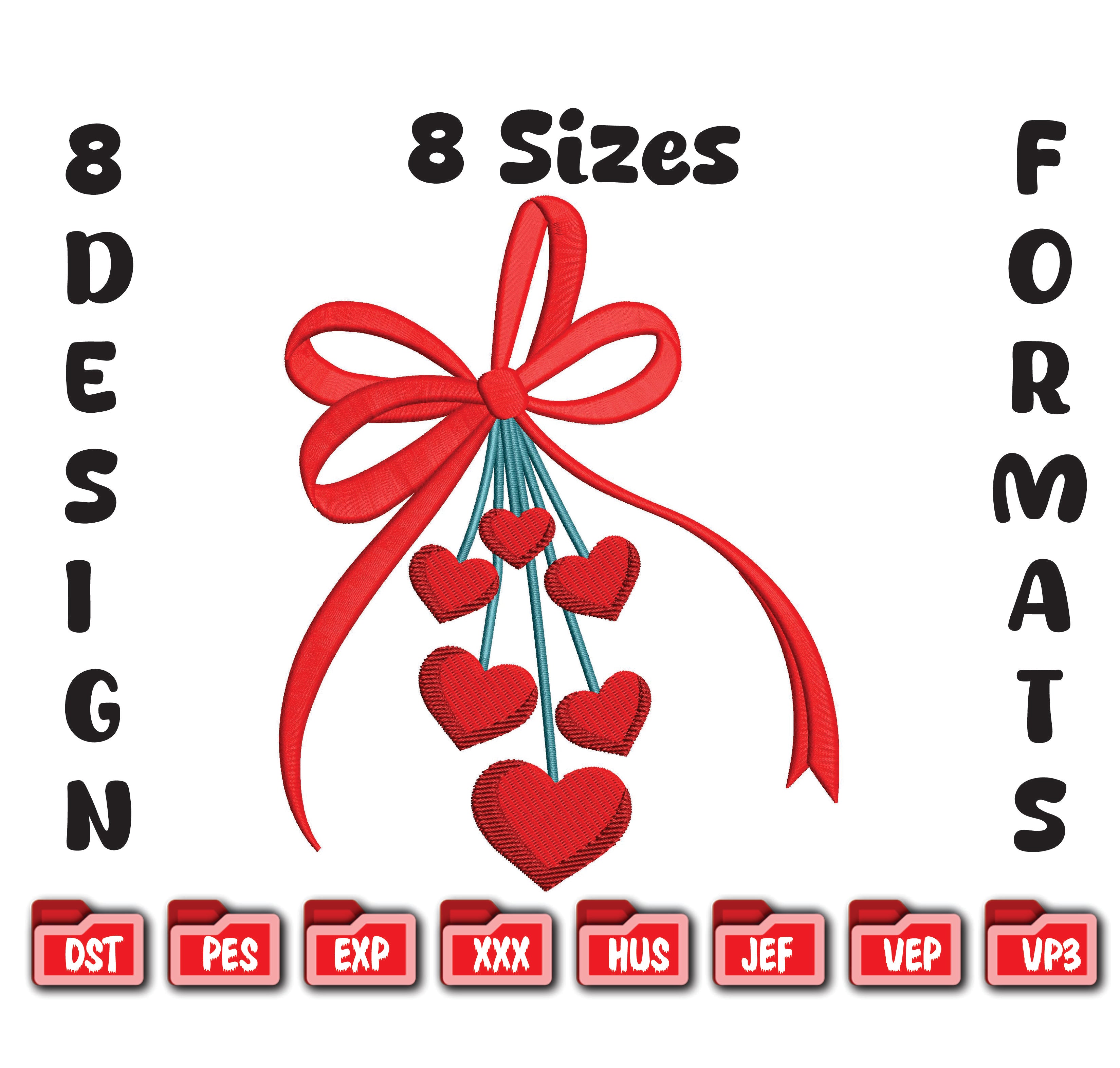 Valentine’s Day Ribbon Bow with Dangling Hearts – Machine Embroidery Design