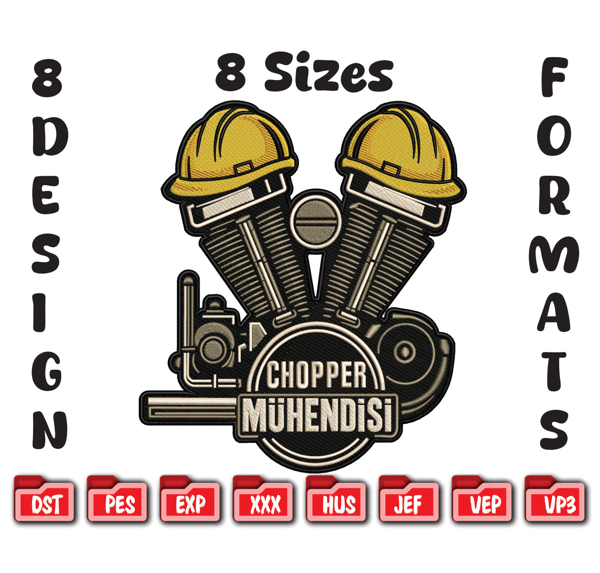 Chopper Engineer Embroidery Design, V-Twin Engine, 8 Sizes