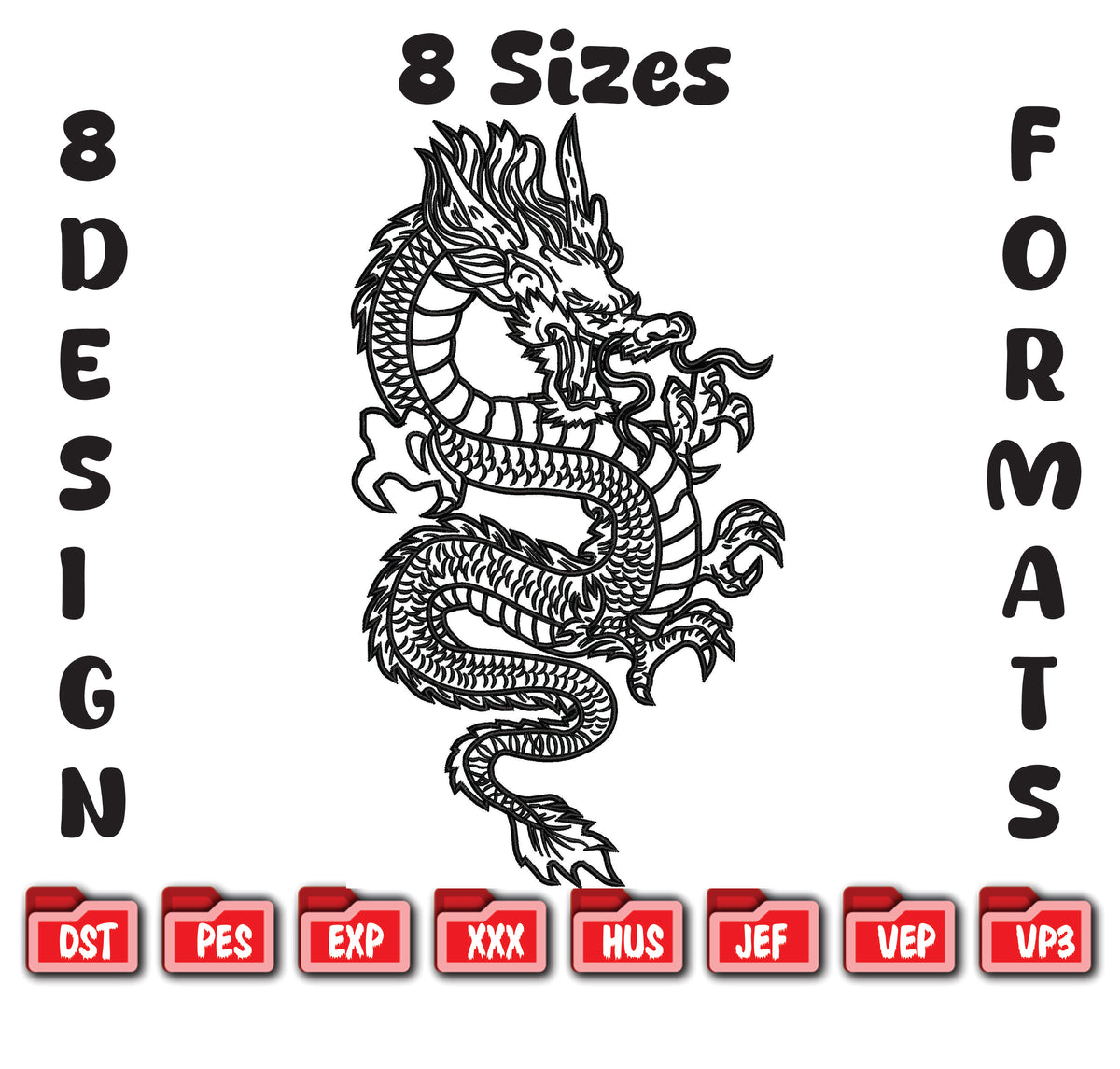 Dragon Embroidery Design, Japanese Dragon File, 8 Sizes 8 Formats