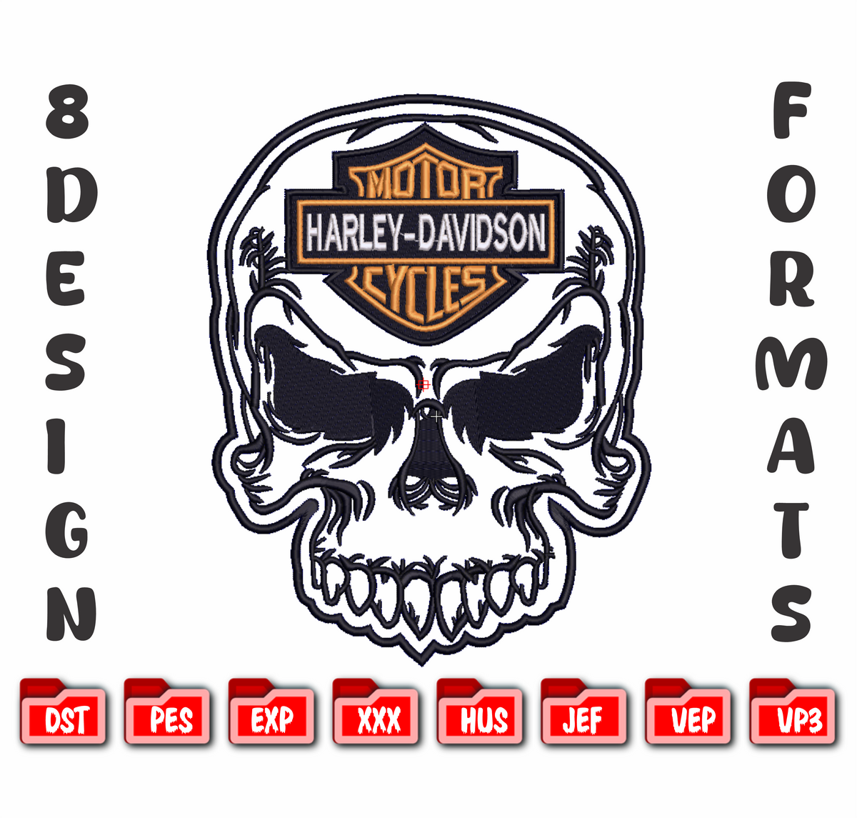 Harley Davidson Skull Machine Embroidery Design - 8 Sizes Included