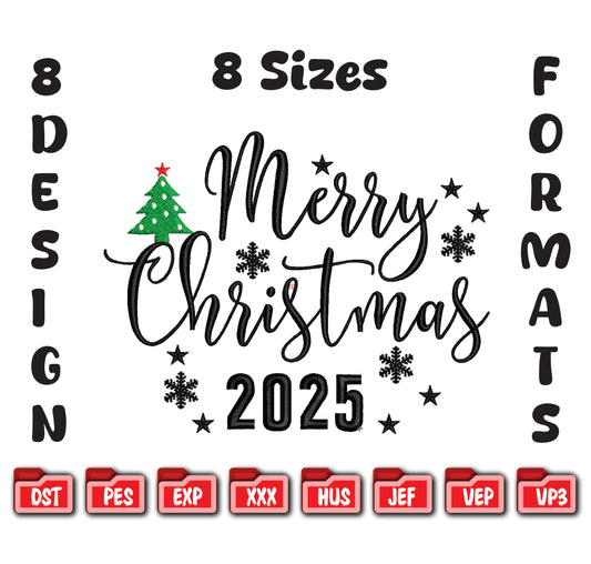 Merry Christmas 2025 Embroidery, Holiday Tree Digital File