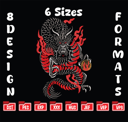 Japanese Yakuza Dragon Machine Embroidery Design, Fierce Mythical Dragon with Flames Embroidery File, 6 Sizes, 8 Formats
