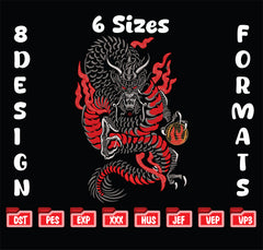 Japanese Yakuza Dragon Machine Embroidery Design, Fierce Mythical Dragon with Flames Embroidery File, 6 Sizes, 8 Formats