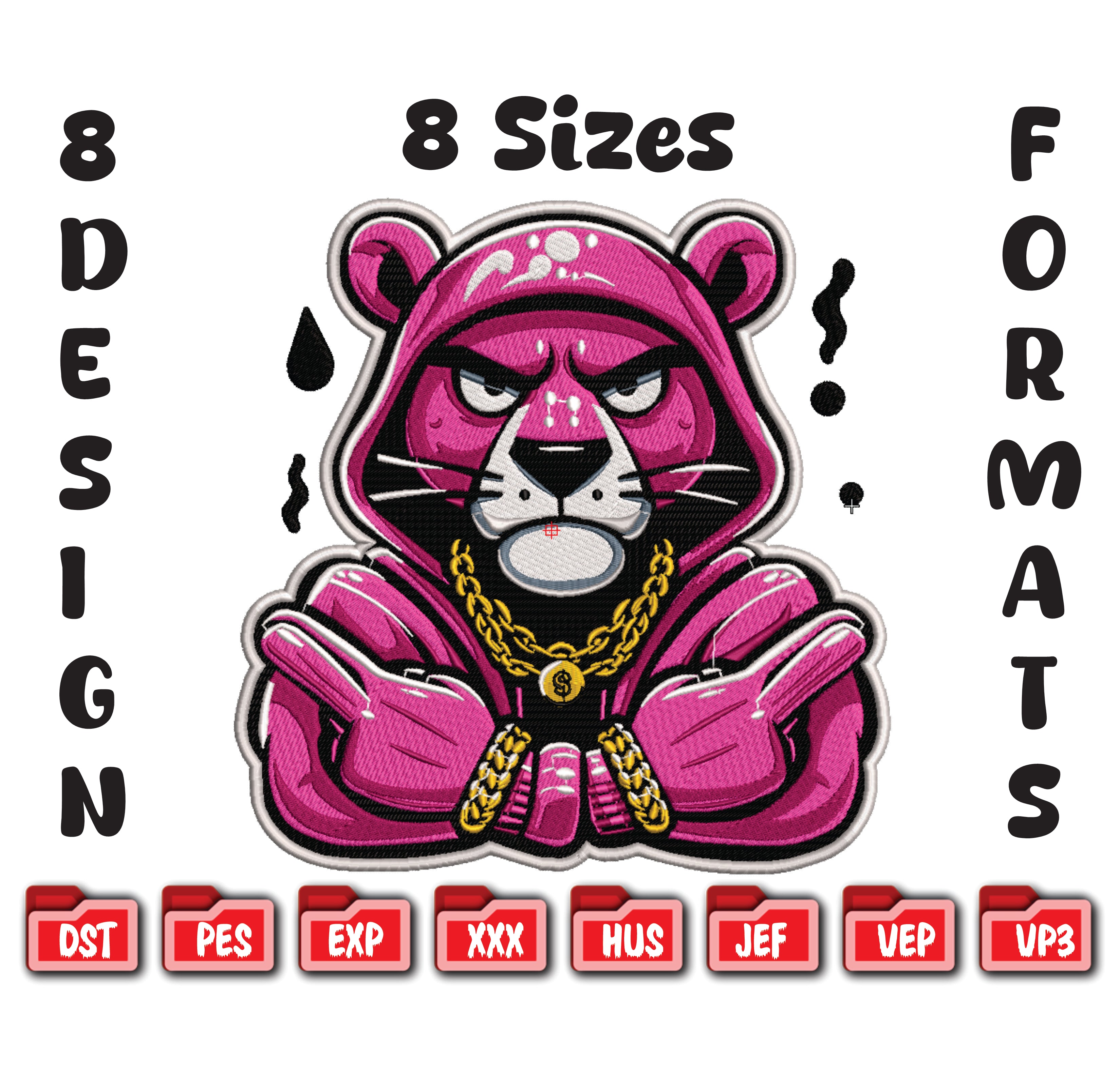 Pink Panther Thug Life Machine Embroidery Design - 8 Sizes & Multiple Formats
