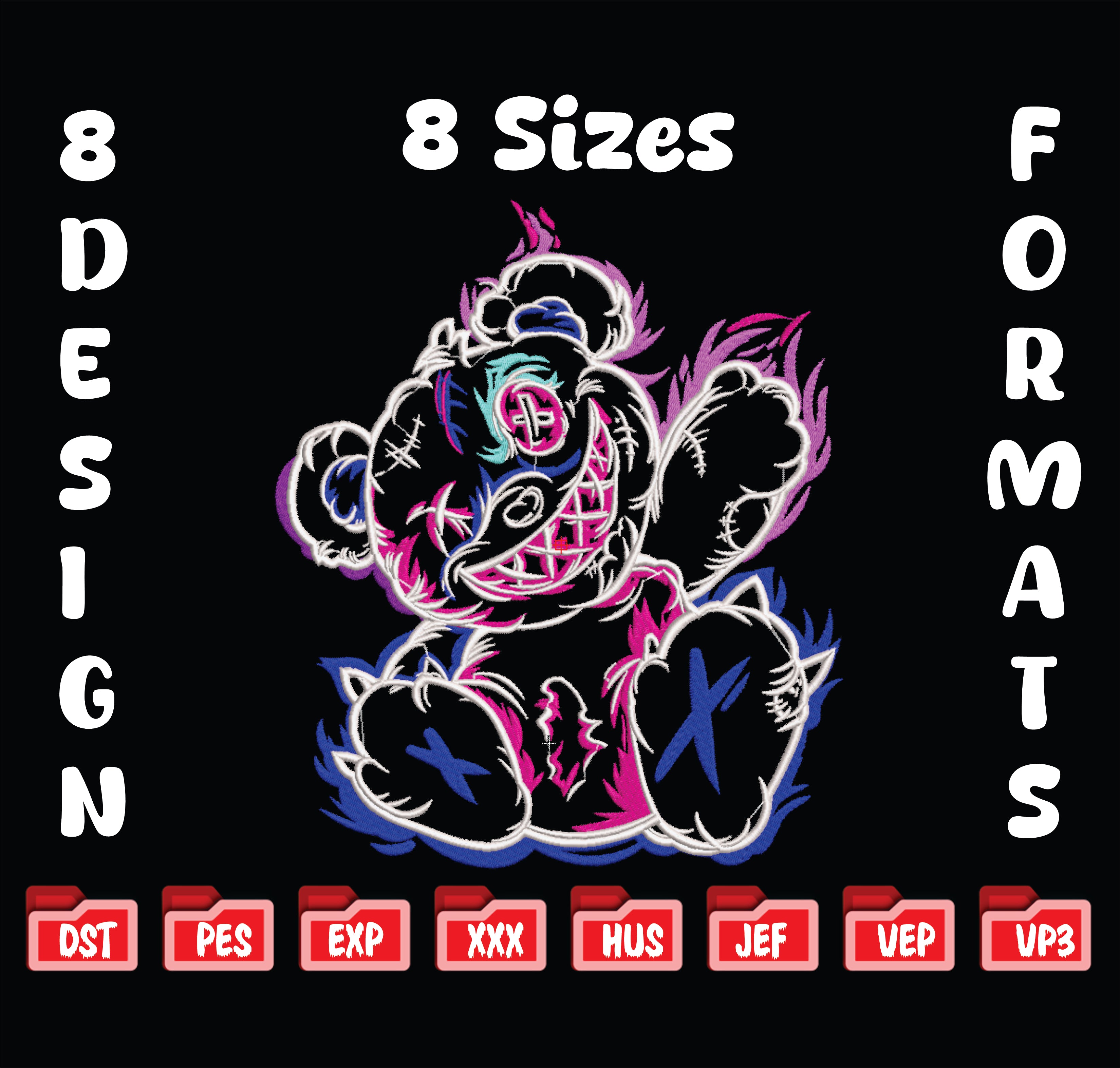 Streetwear Bear Embroidery Design, 8 Sizes & 8 Formats, Edgy Punk Machine Pattern