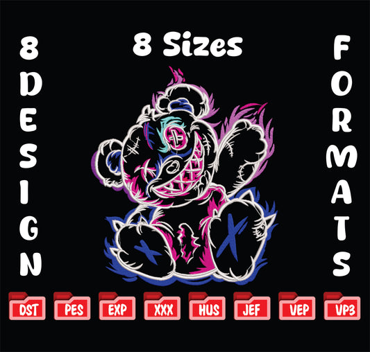 Streetwear Bear Embroidery Design, 8 Sizes & 8 Formats, Edgy Punk Machine Pattern
