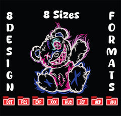 Streetwear Bear Embroidery Design, 8 Sizes & 8 Formats, Edgy Punk Machine Pattern