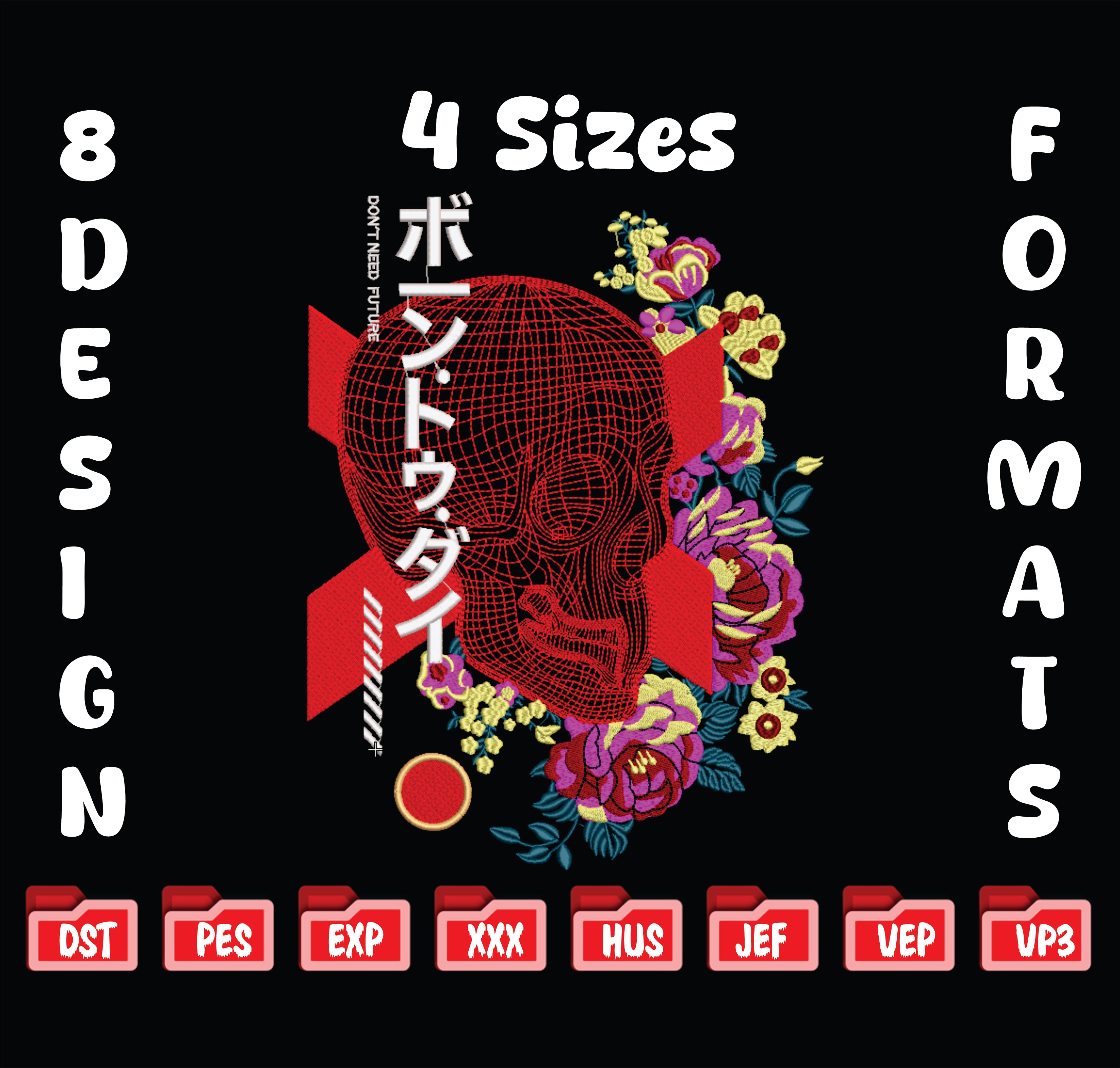 Japanese Cyberpunk Skull with Flowers Machine Embroidery Design – Edgy Streetwear Motif in 4 Sizes and Multiple Formats